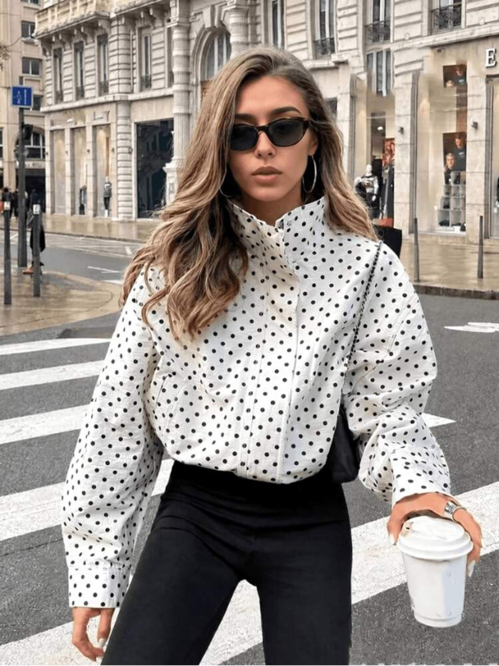 SHEIN White Button-Down Blouse with Black Polka Dots